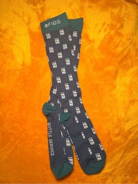 FIGS UNISEX Navy Crew Socks with Green Accents and Rx Bottle Pattern
